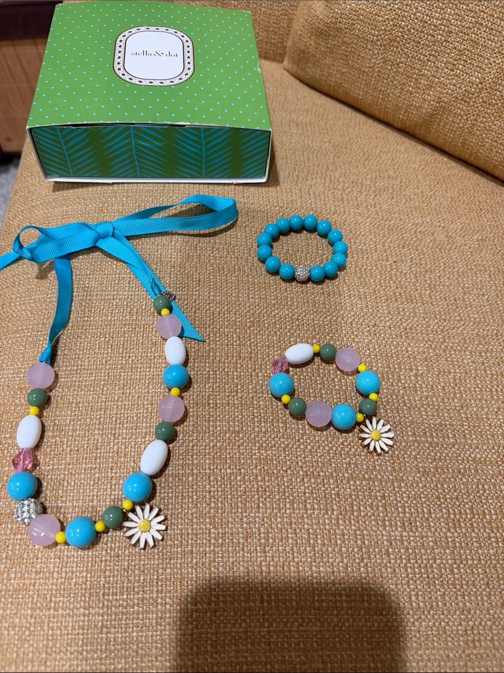Stella & Dot Turquoise Ribbon-Tie Necklace with Pastel Bead Bracelet Set